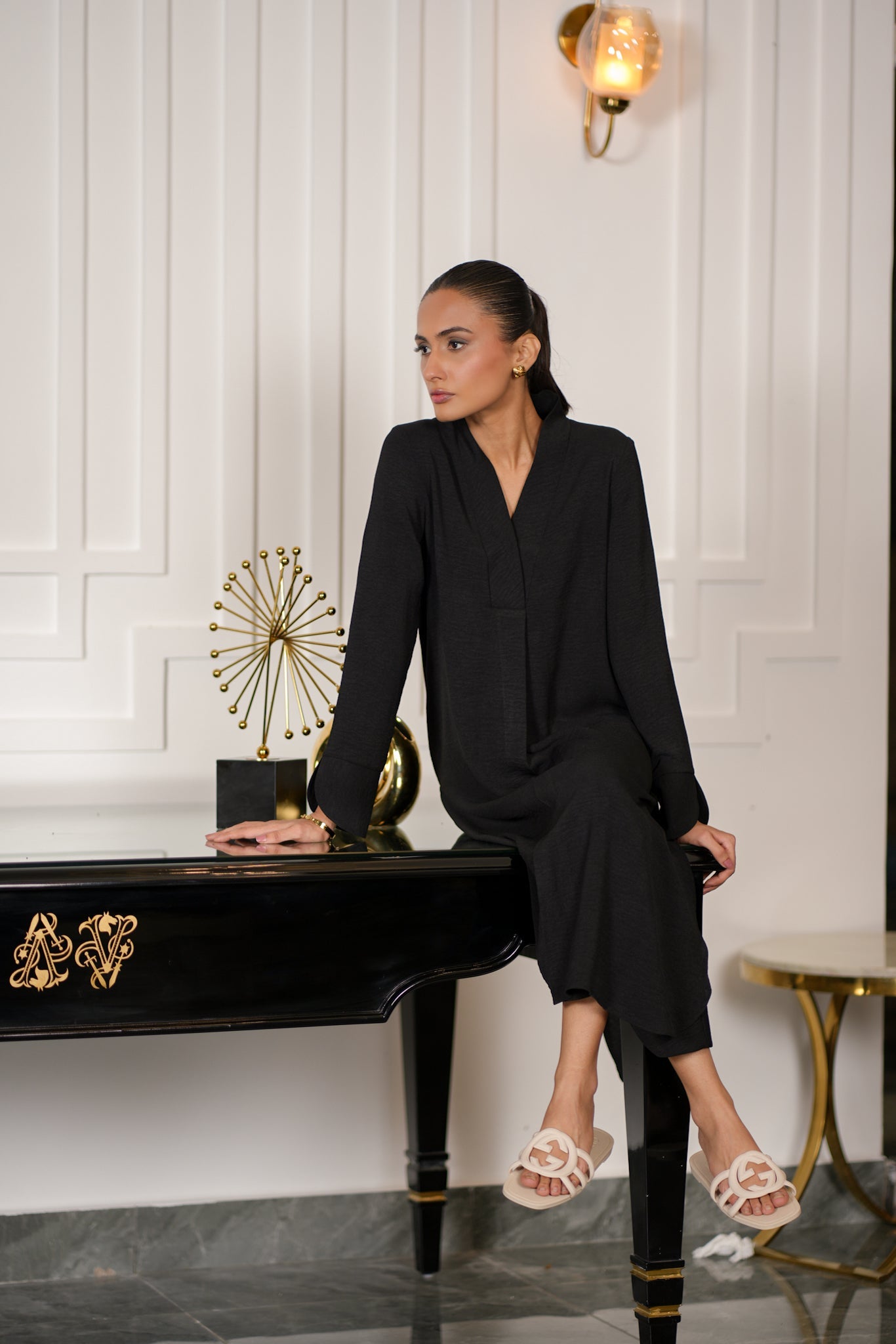 Black Textured Kurta Set