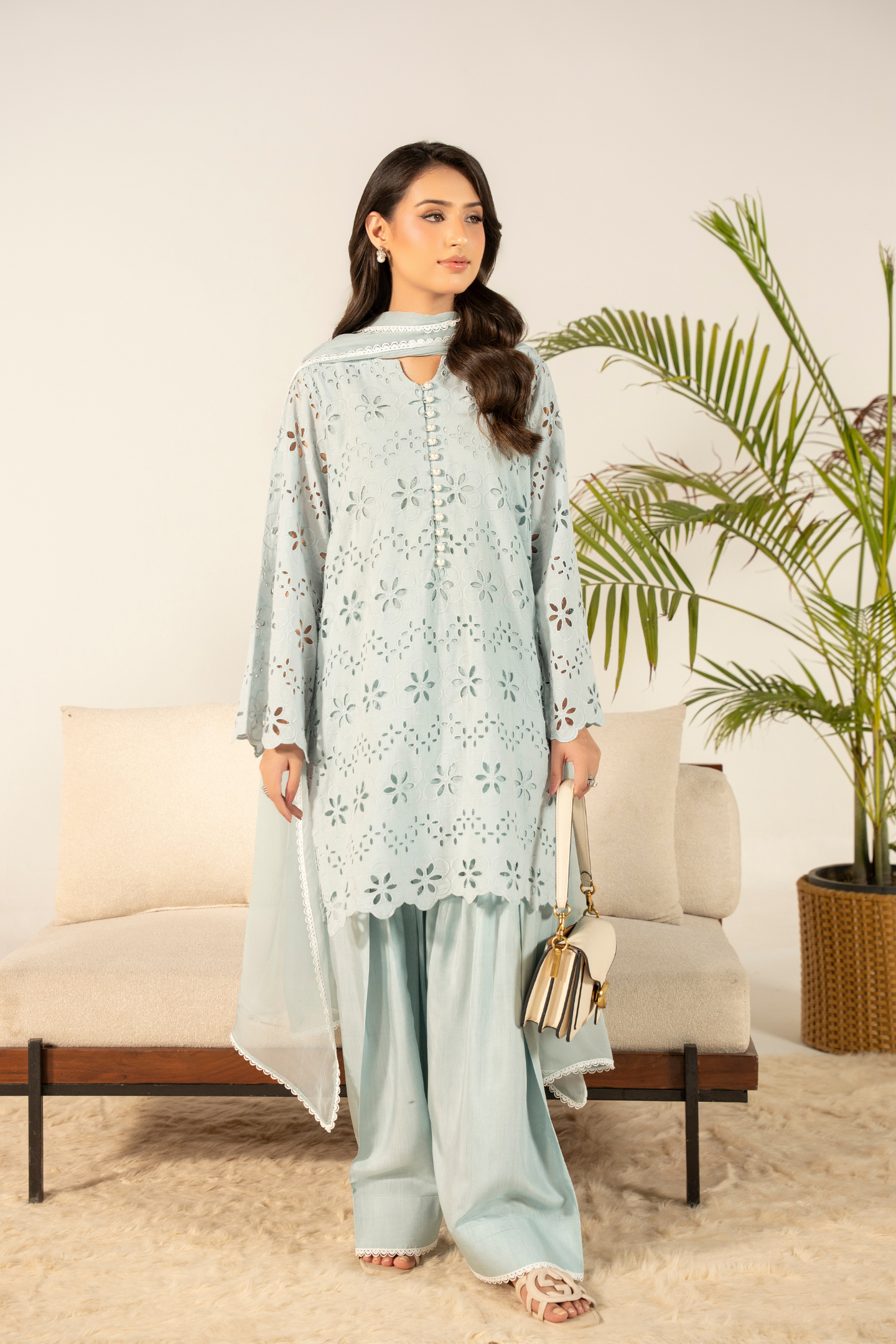 Powder Blue Schiffli Farshi Shalwar Set