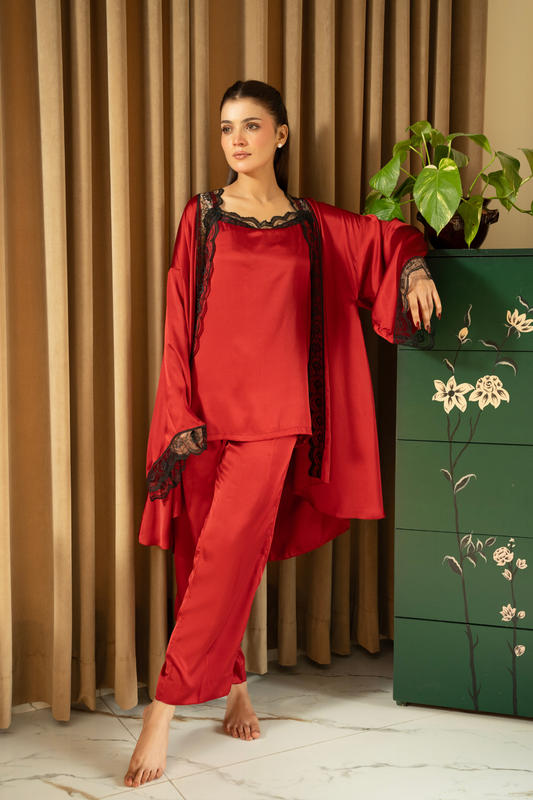 Scarlet Red Silk Robe Set - Loungewear