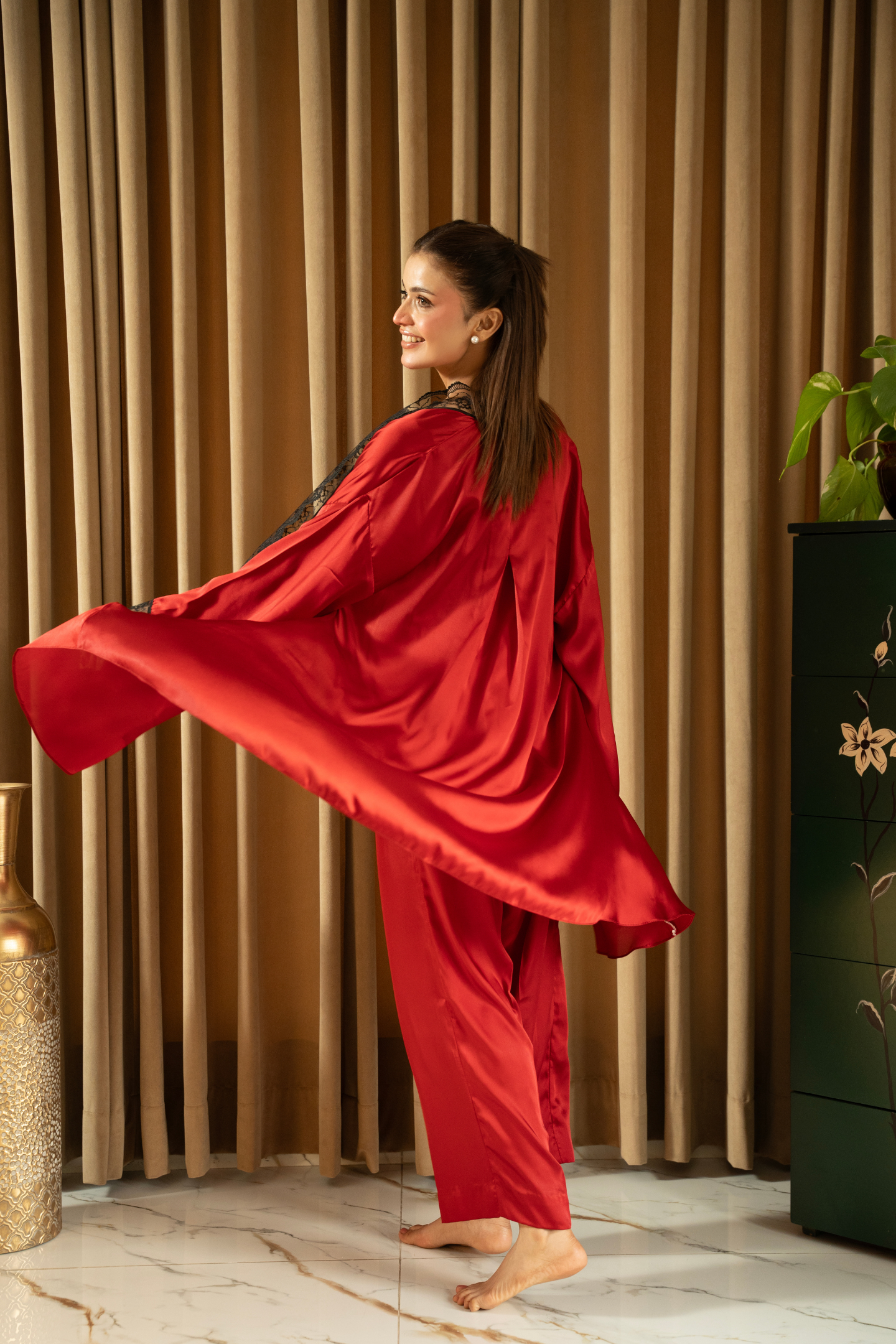 Scarlet Red Silk Robe Set - Loungewear