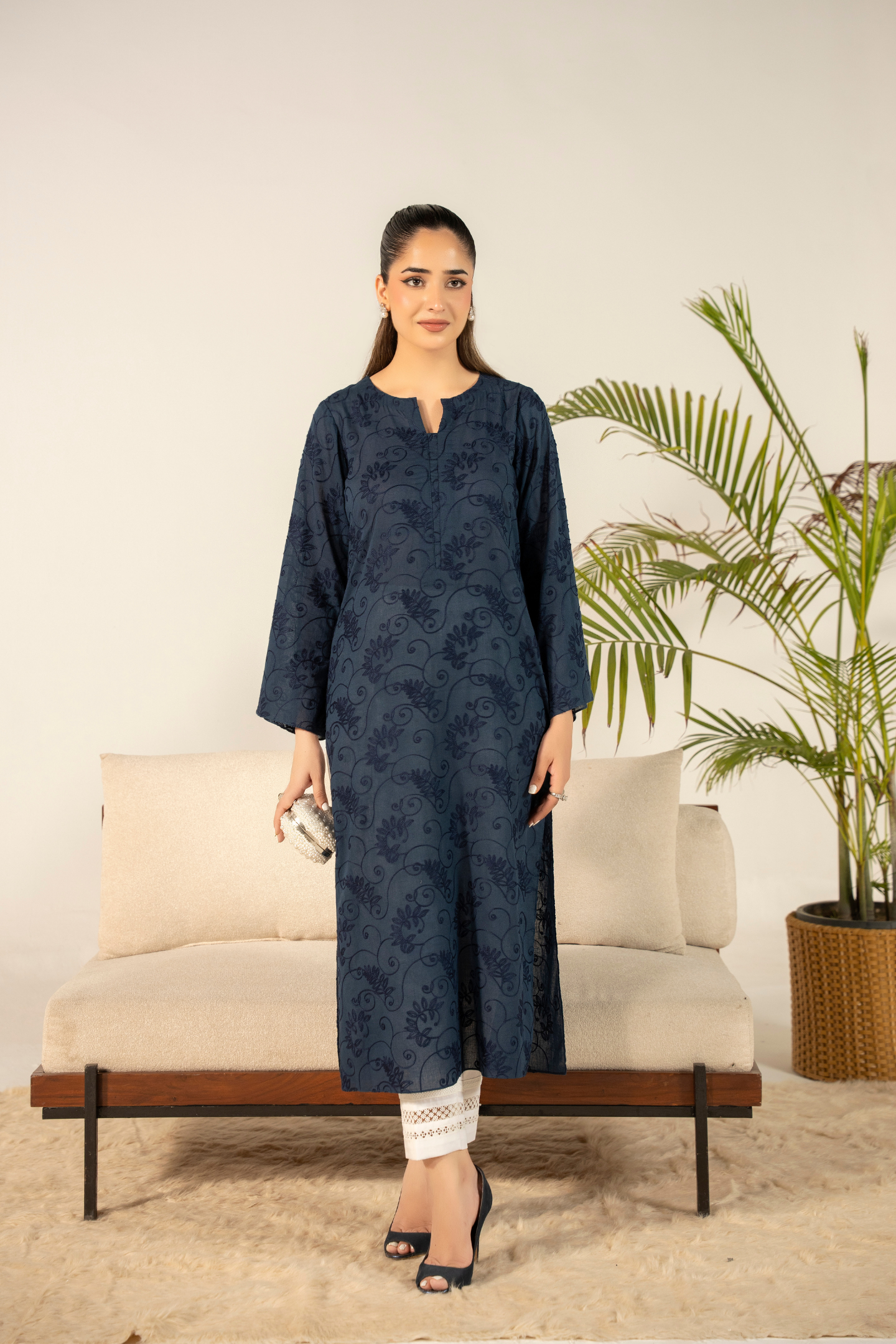 Navy Floral Embroidered Kurta