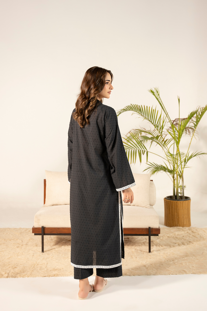 Black Dobby Dot Kurta Set