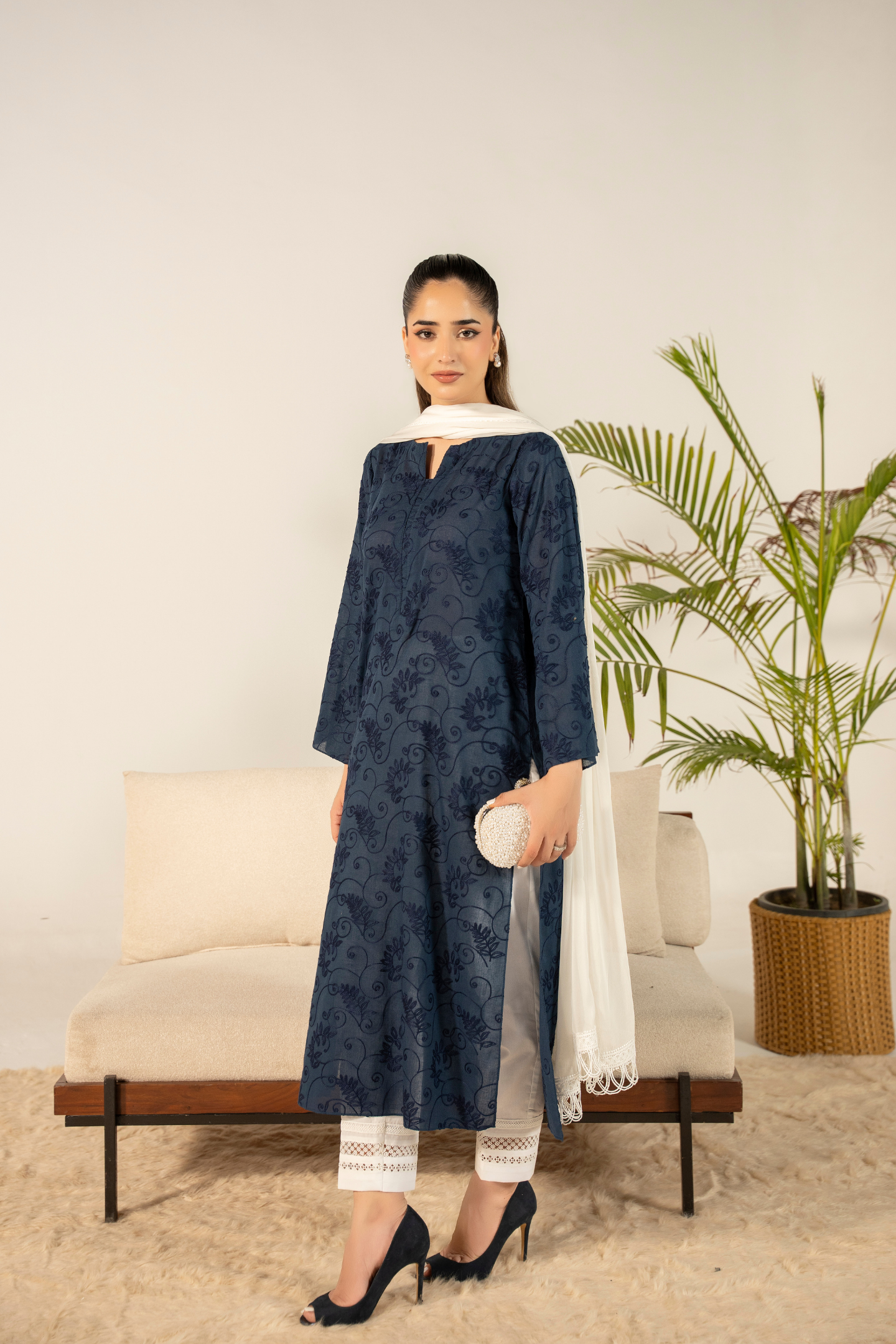 Navy Floral Embroidered Kurta