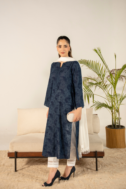 Navy Floral Embroidered Kurta