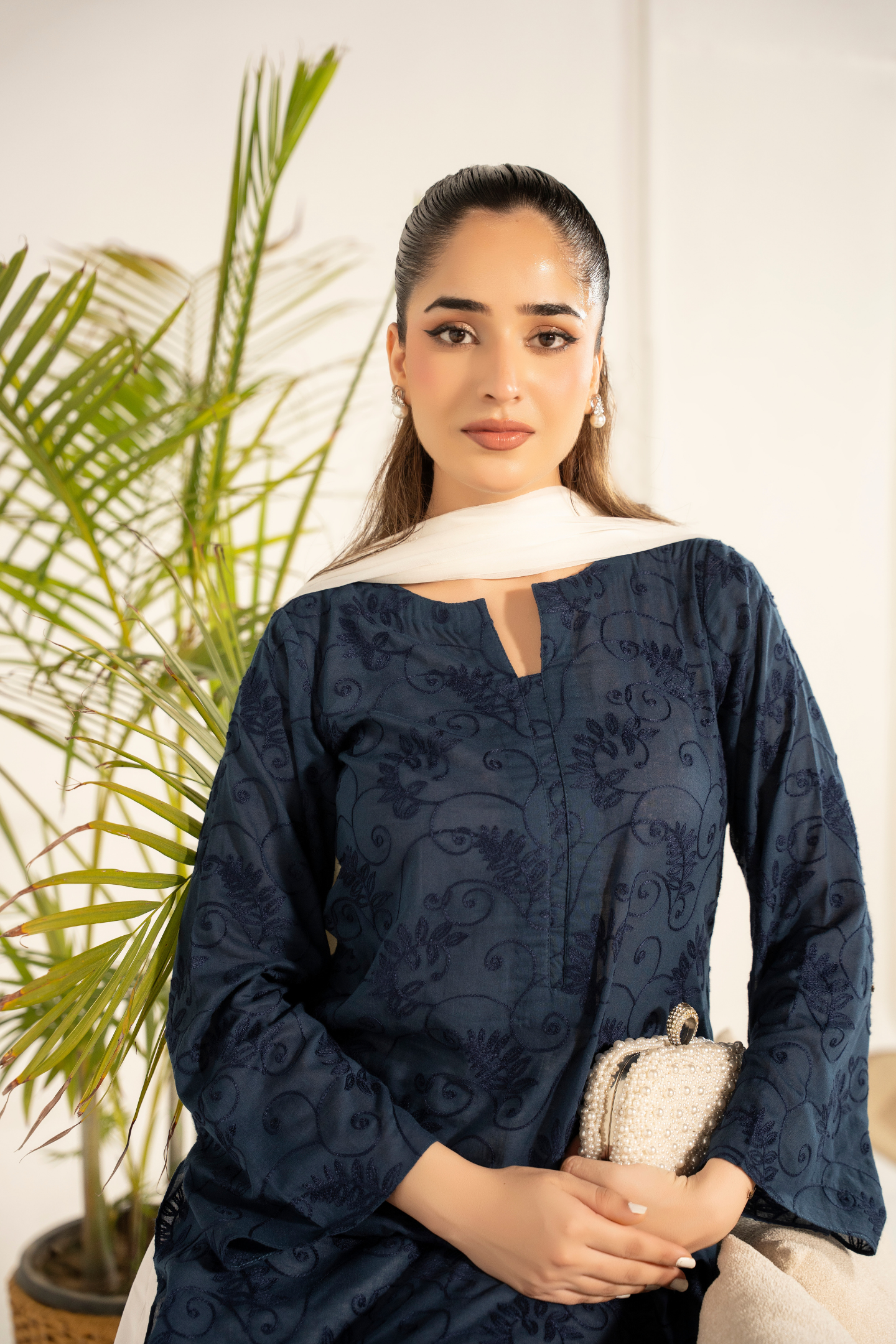 Navy Floral Embroidered Kurta
