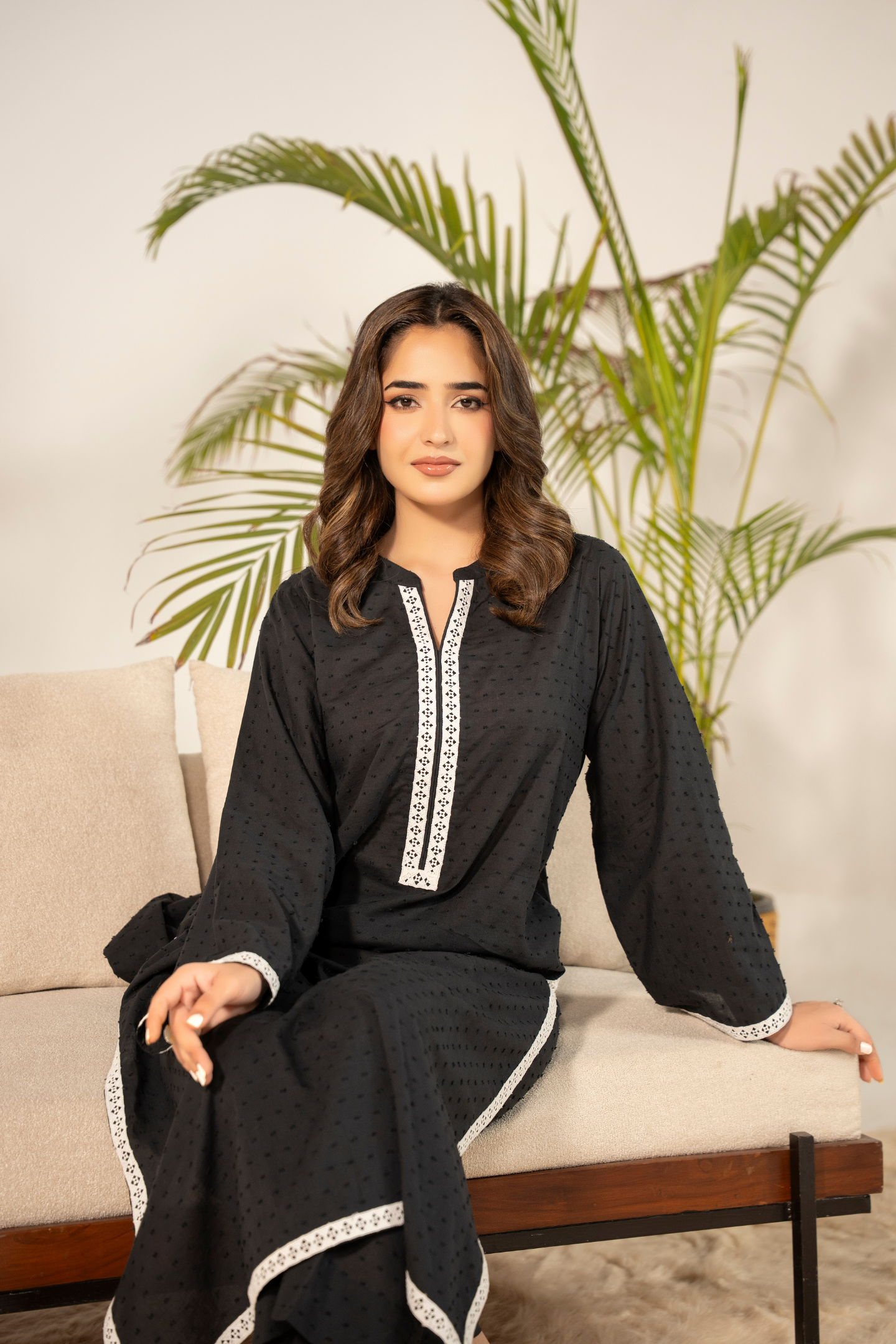Black Dobby Dot Kurta Set