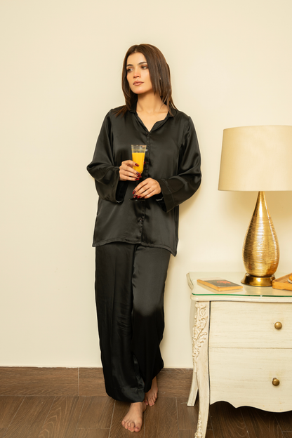 Solid Black Silk PJ Set - Loungewear