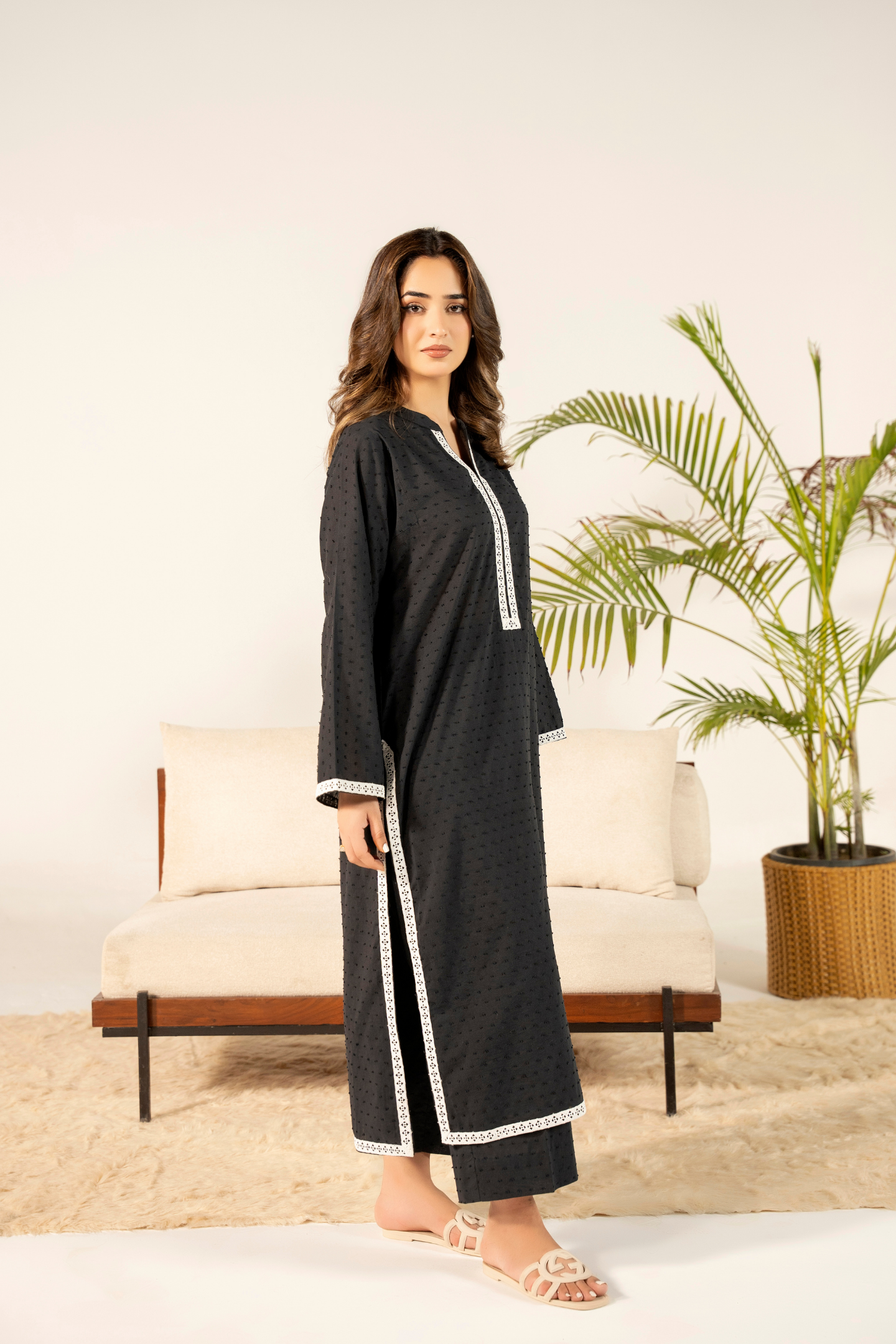 Black Dobby Dot Kurta Set