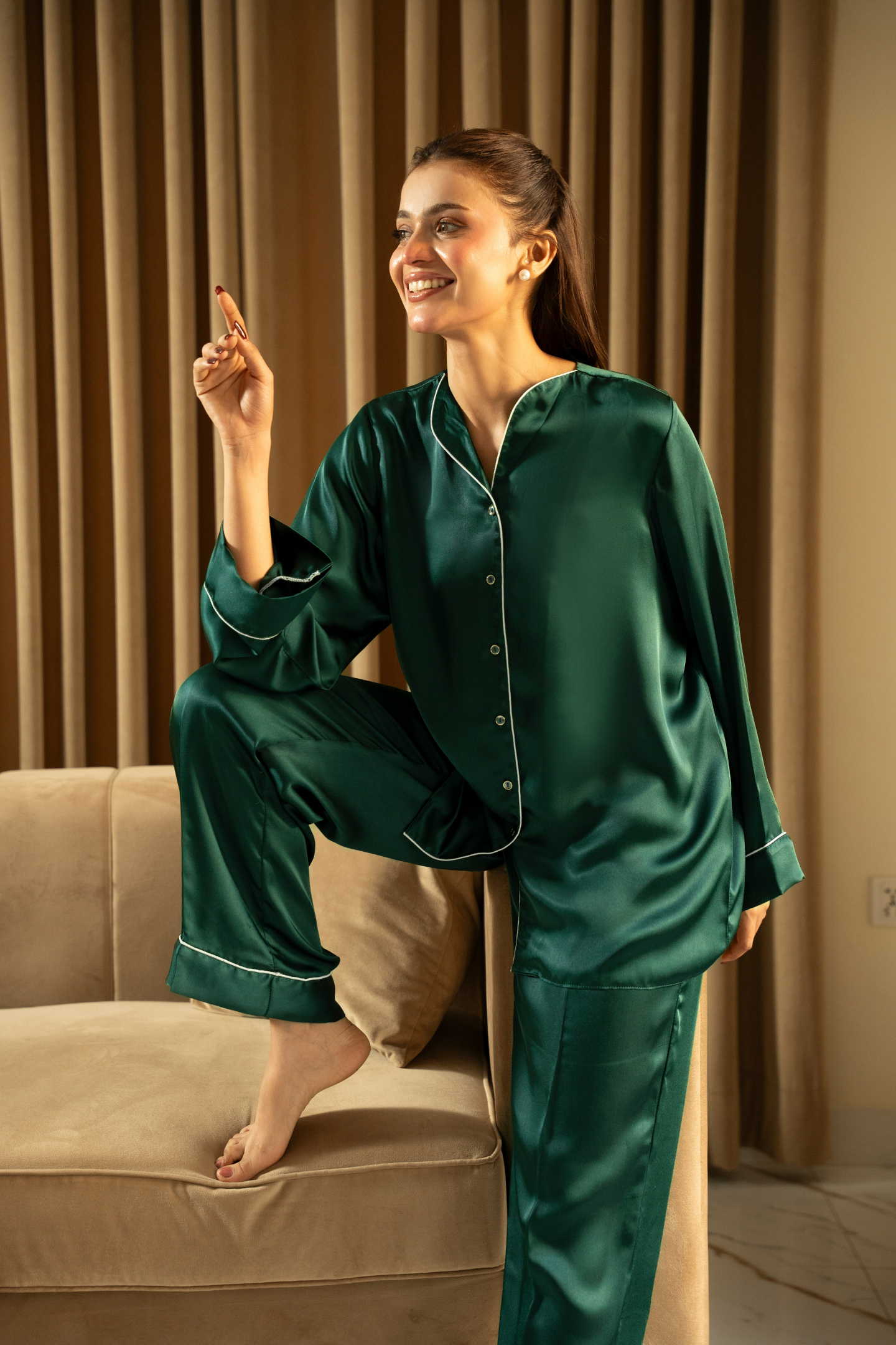 Bottle Green Silk PJ Set - Loungewear