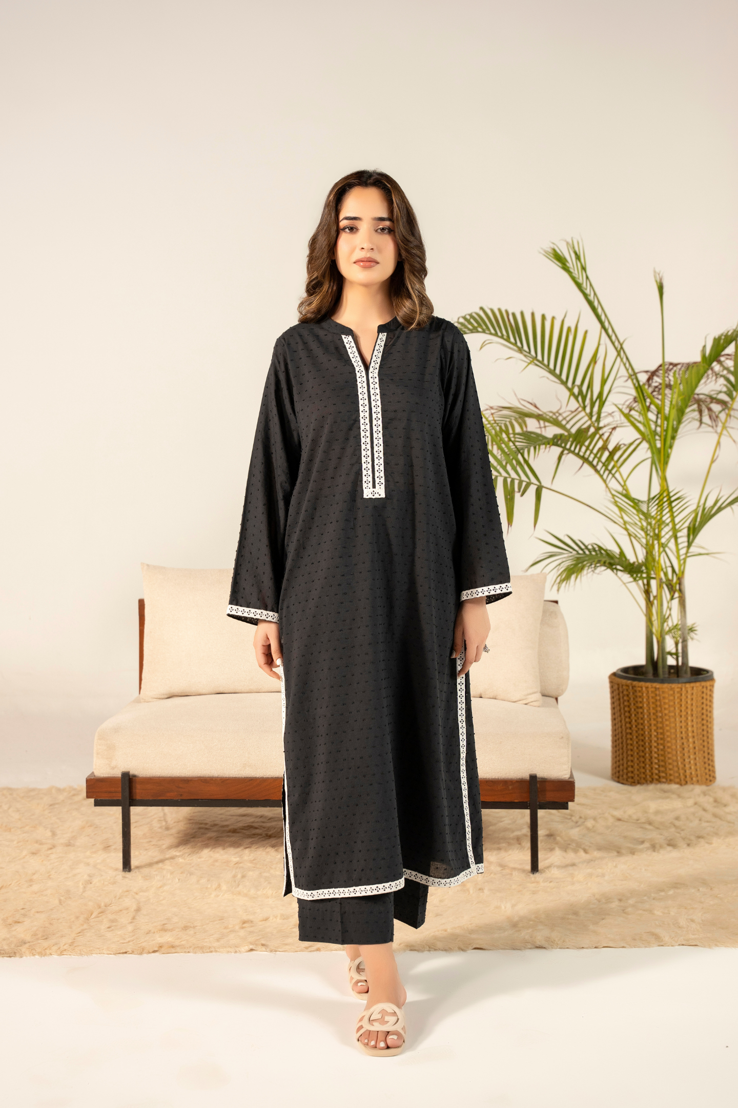 Black Dobby Dot Kurta Set