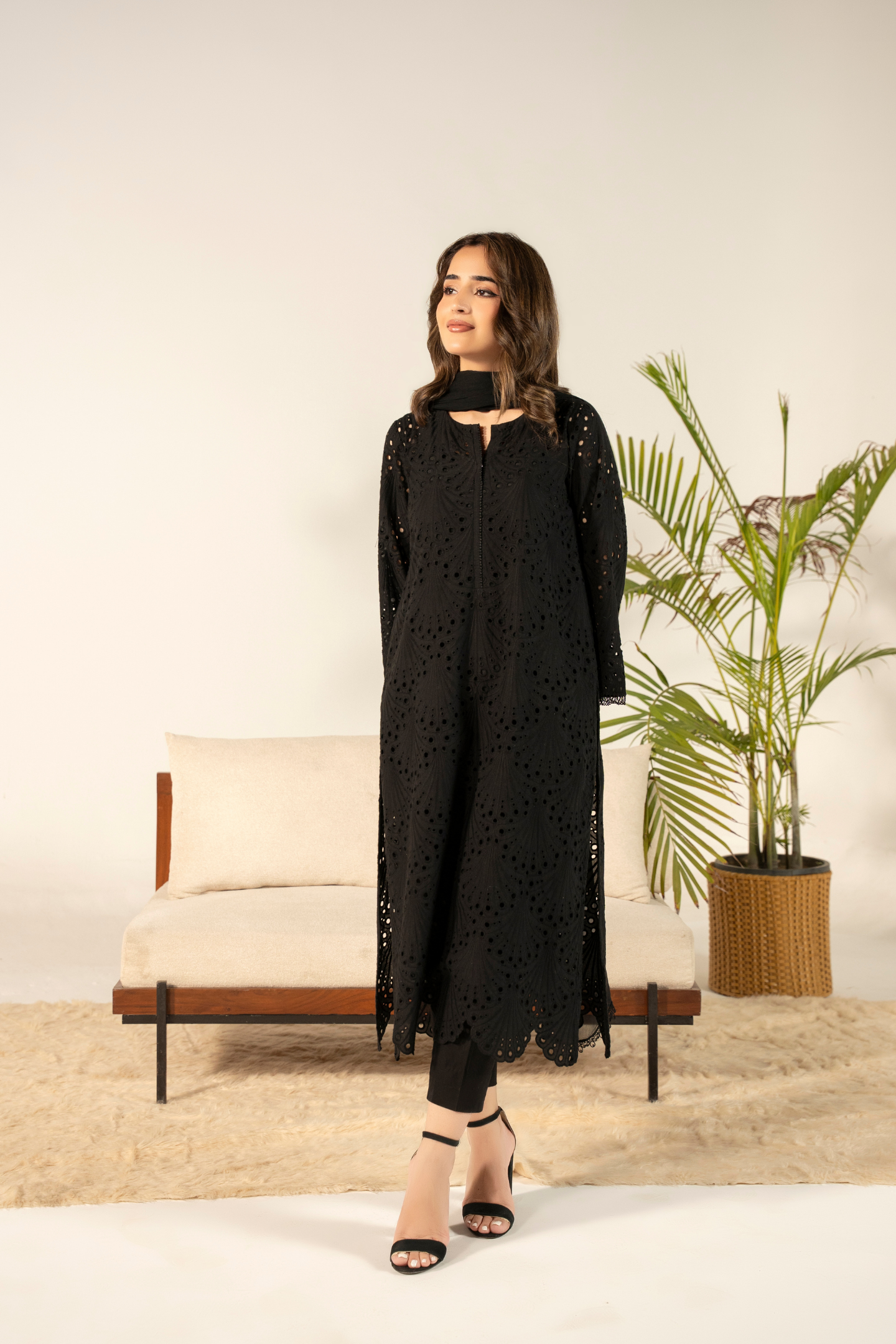 Black Fan Cutwork Kurta Set