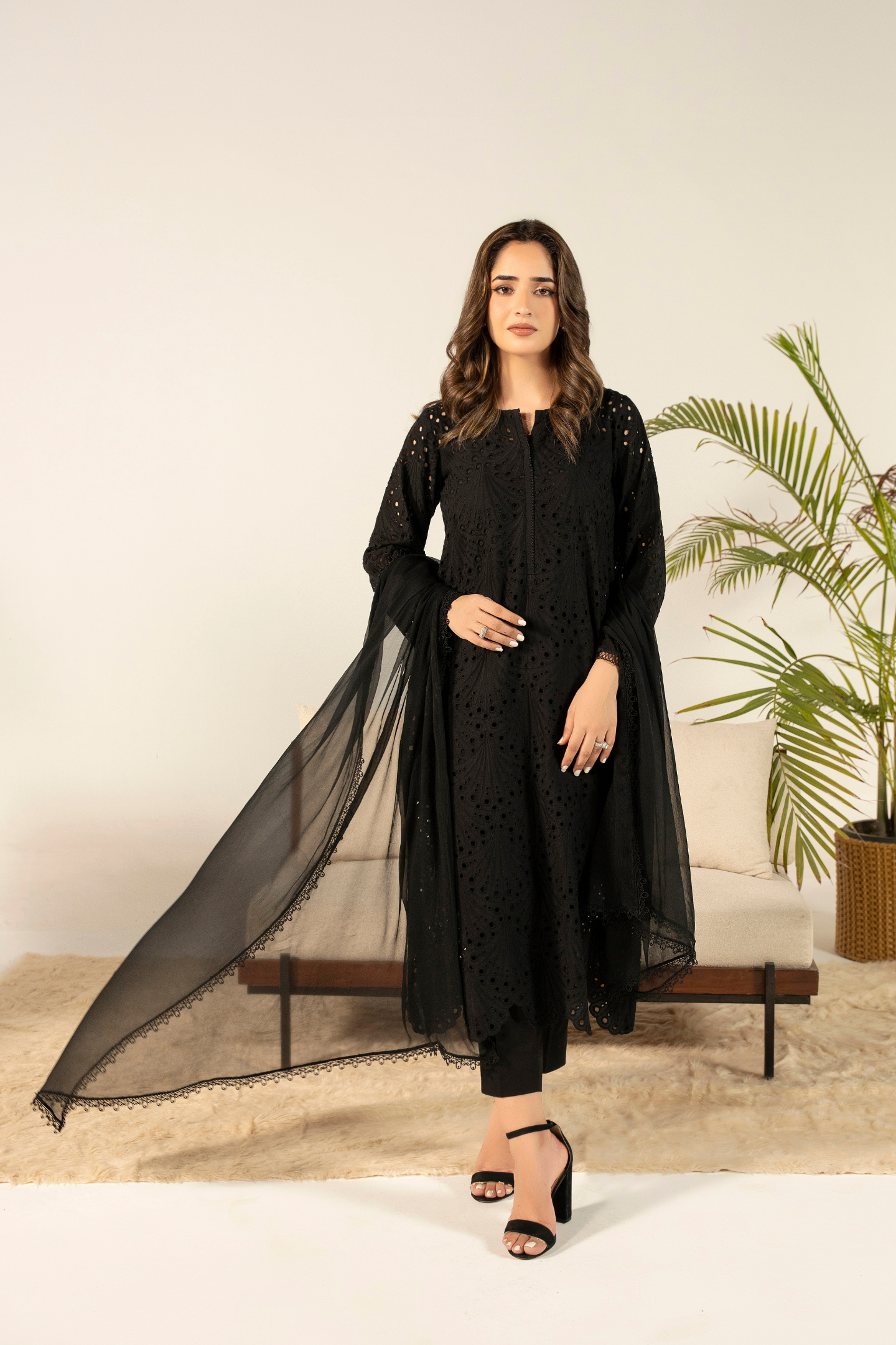 Black Fan Cutwork Kurta Set
