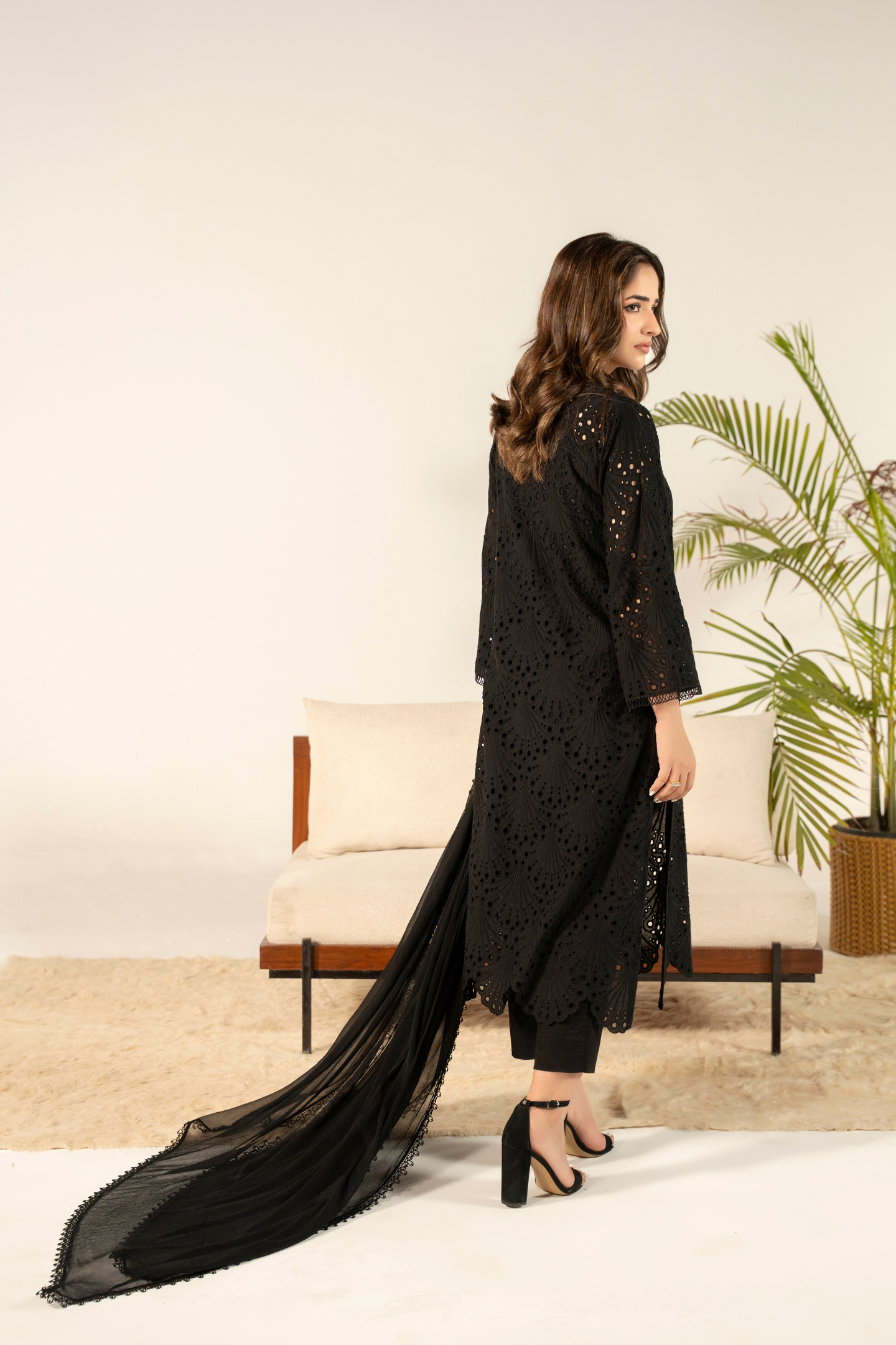 Black Fan Cutwork Kurta Set