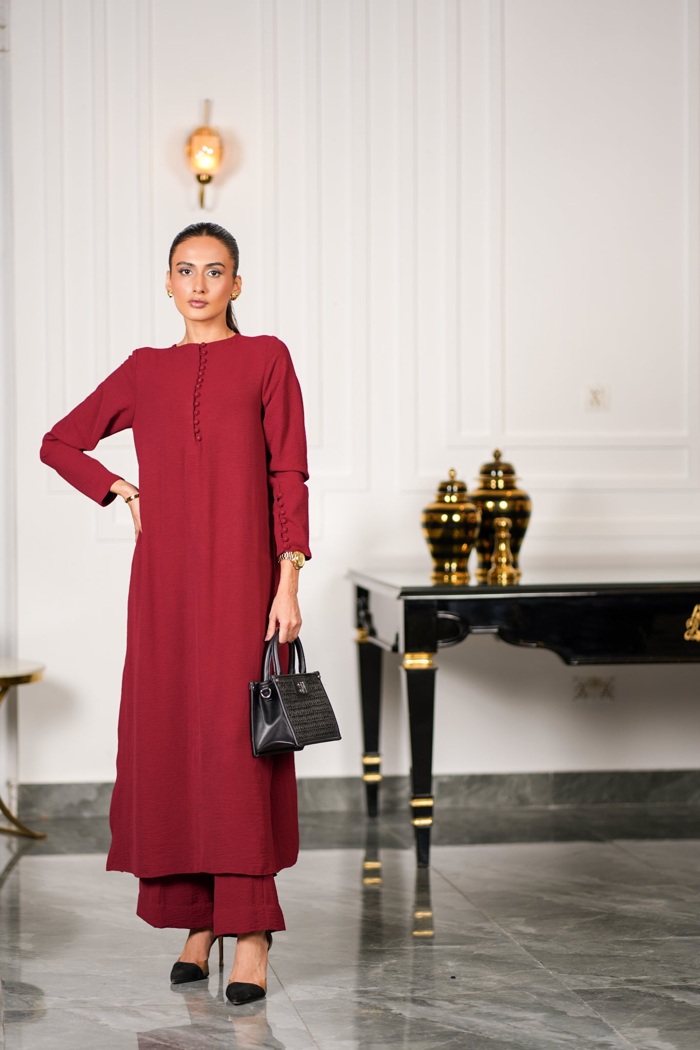 Maroon Textured Kurta Set