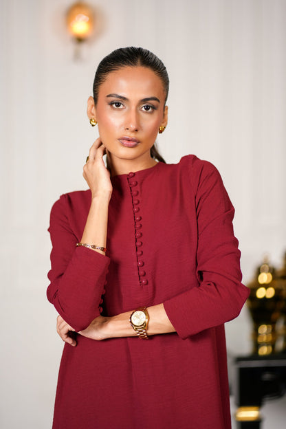 Maroon Textured Kurta Set