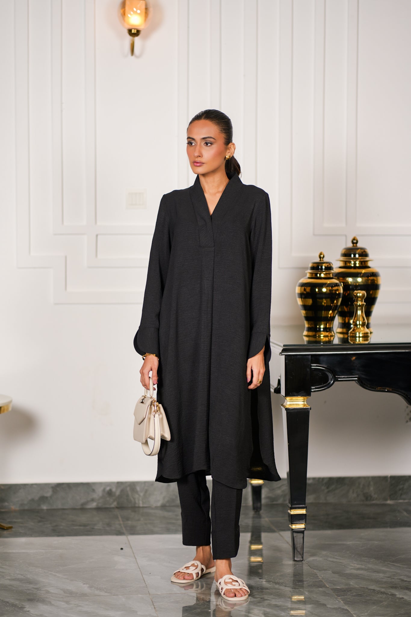 Black Textured Kurta Set